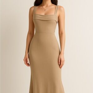 Beige Ribbed Halter Tie-Back Dress – Size S, Adjustable Fit, Backless Style